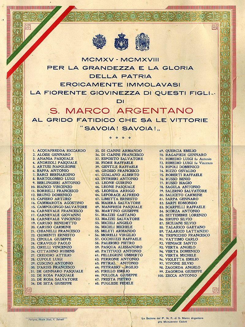 CADUTI GRANDE GUERRA 1915-1918  DI SAN MARCO ARGENTANO